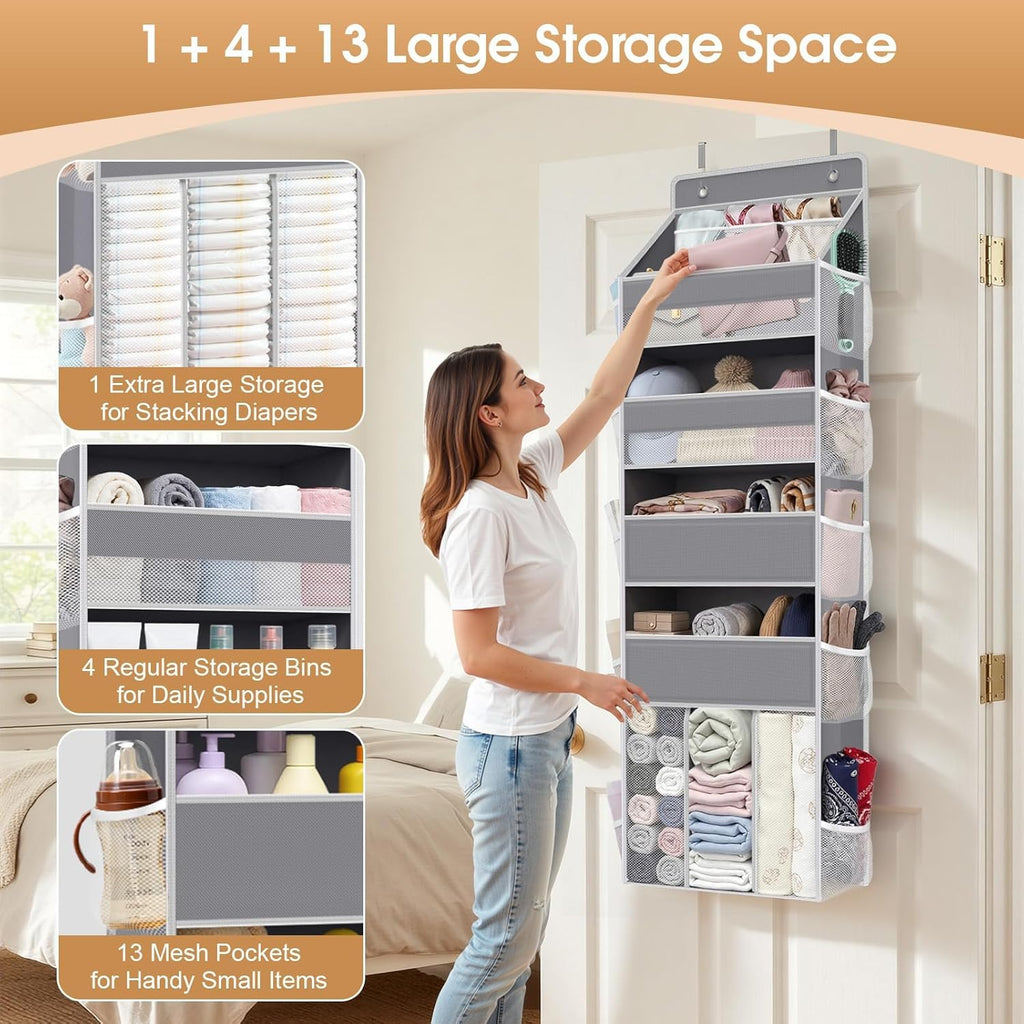 WISELIFE 5-Tier Over The Door Organizer - Heavy-Duty 50LB Storage with 5 Pockets & 13 Mesh Pockets | Gray
