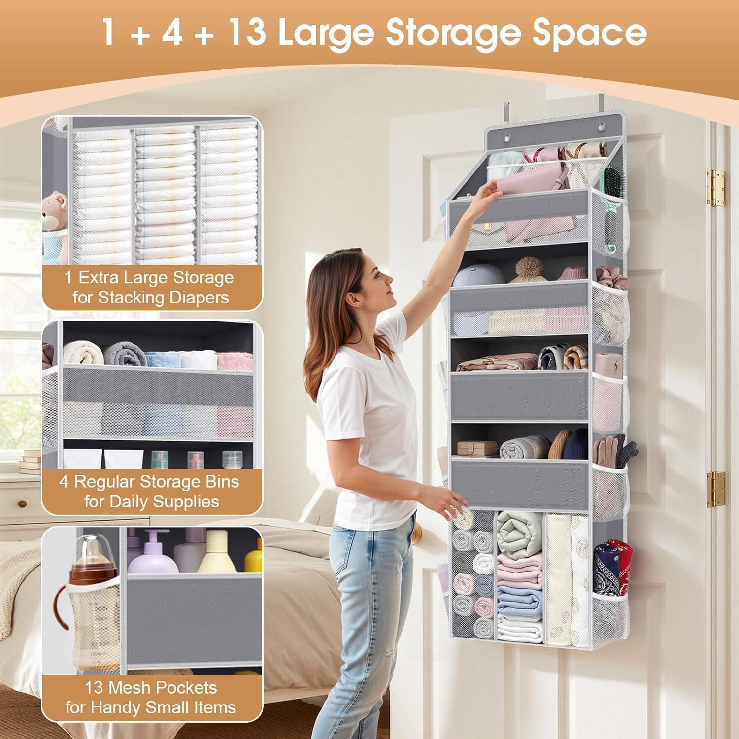 WISELIFE 5-Tier Over The Door Organizer - Heavy-Duty 50LB Storage with 5 Pockets & 13 Mesh Pockets | Gray