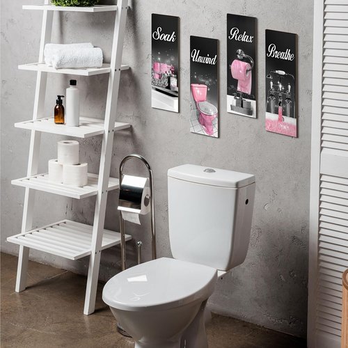 Honoson Bathroom Wall Art - 4 Pcs Farmhouse Decor Signs for Soak, Unwind & Relax | Black & Pink
