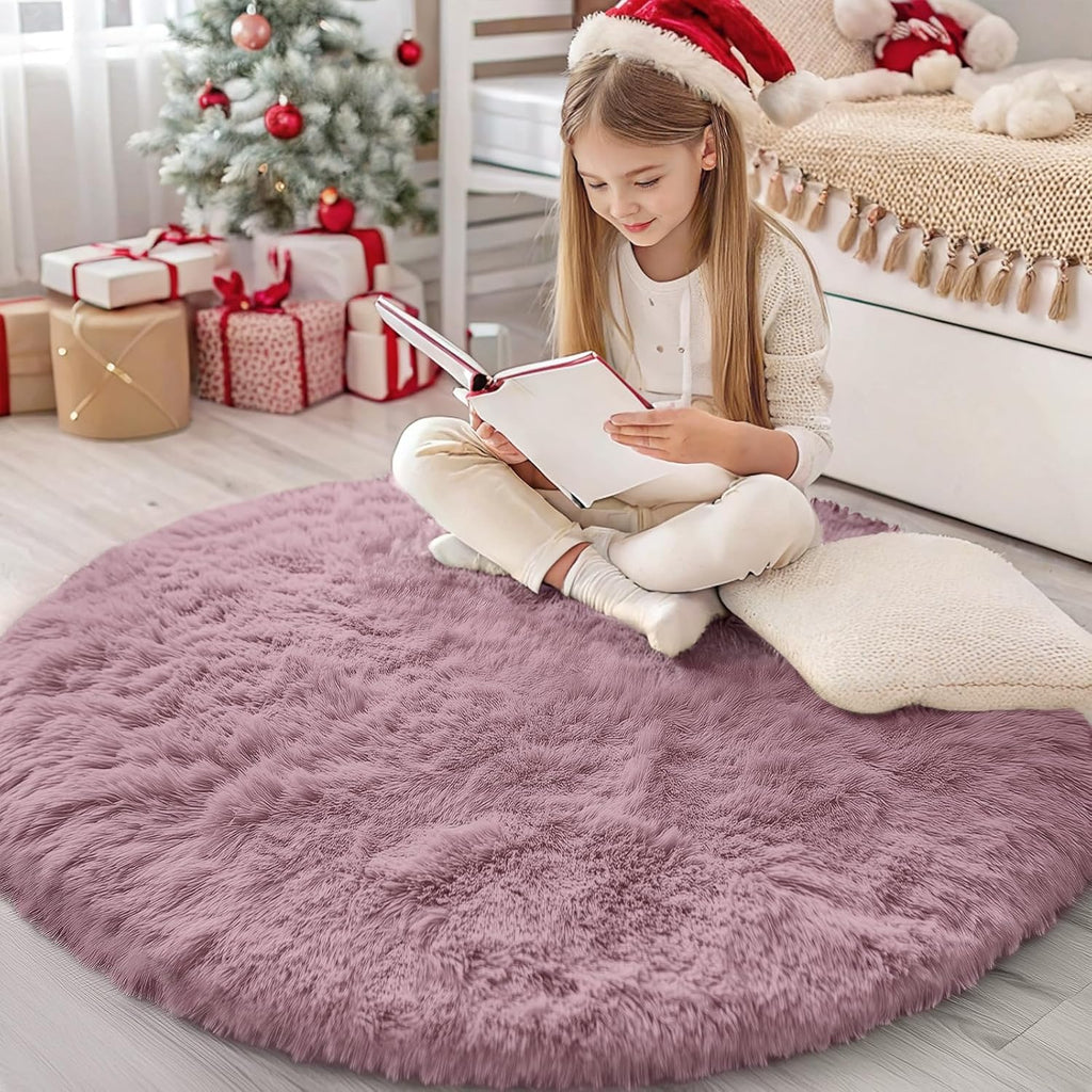 OLANLY Blush Round Area Rug - Soft, Fluffy, Machine Washable 4 ft Circle Carpet for Bedroom & Living Room Decor