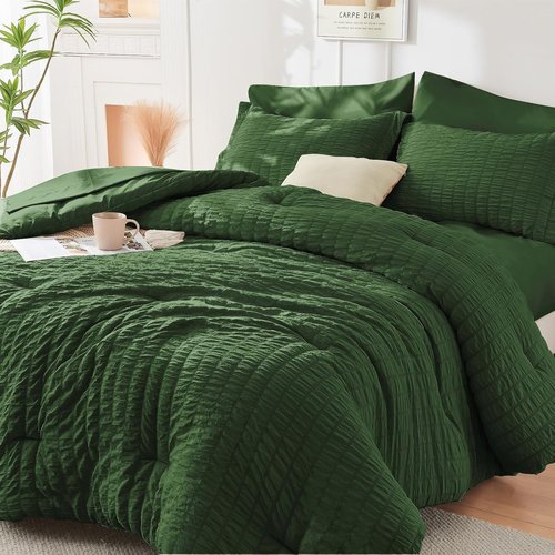 HYMOKEGE King Size Comforter Set - Dark Green Seersucker 7-Piece Luxury Bedding Set | All-Season Comfort
