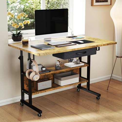 SIDUCAL Portable Standing Desk with Charging Station, Manual Stand Up Desk with Storage Shelves & Drawers, Mobile Laptop Desk with Wheels for Home Office & Treadmill Walking Pad, 39"x24" Rustic Brown