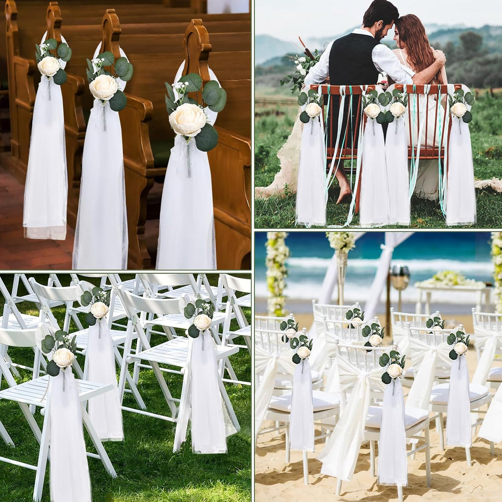 Skiennix Wedding Aisle Decorations - 39.4" Artificial Silk Rose Flowers with Long Tulle Tails - Champagne