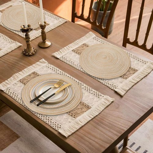 Placemats Set of 6 - Natural Cotton Burlap Table Mats and Braided Round Place Mats, Heat Resistant Mats for Dining Table, Kitchen, or Farmhouse Decoration, Doho Placemats