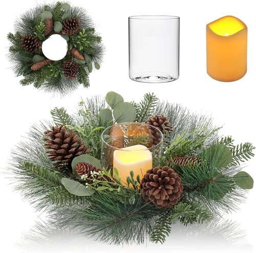 18” Table Wreath by Greenery - Rustic Artificial Greenery Wreath with Detachable Glass Holder for Christmas Decor