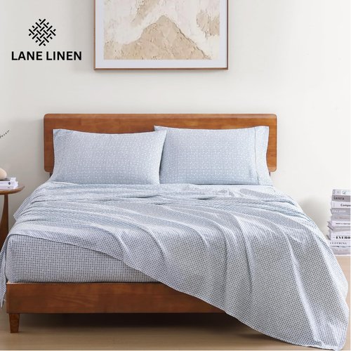 LANE LINEN 100% Organic Cotton Twin Sheets Set - Breathable & Cooling 3-Piece Bedding - Deep Pocket Polka Dot (Blue)