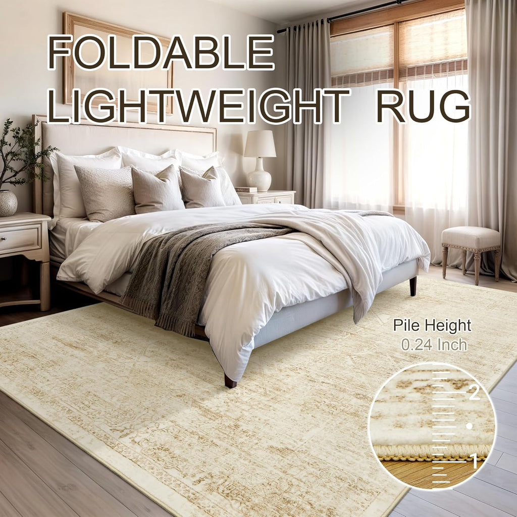 Soalmost Washable Area Rug - Large Vintage Beige 8x10 Soft Rug for Living Room & Bedroom | Non-Slip Design