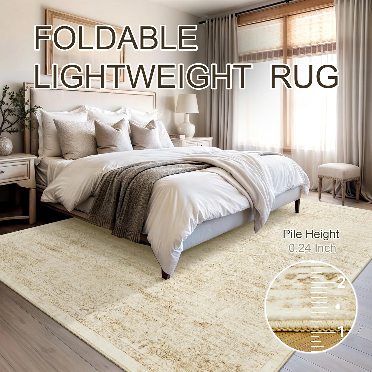 Soalmost Washable Area Rug - Large Vintage Beige 8x10 Soft Rug for Living Room & Bedroom | Non-Slip Design