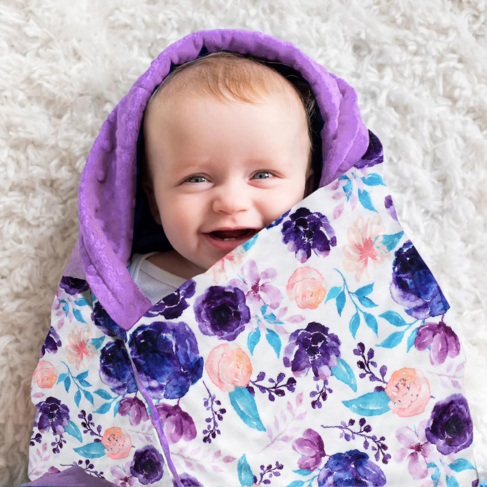 Soft Plush Baby Blankets for Girls with Print Floral Pattern and Soothing Raised Dots, Double Layer Bed Throws for Baby Infant Toddler Nursery Crib,Purple, 30x40 Inches (Purple)