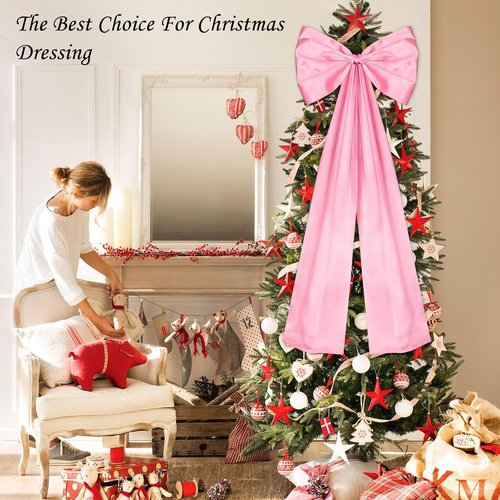 Giant Pink Bow | Double-Layer Satin Christmas Tree Topper & Room Decor | 24 x 42 Inches