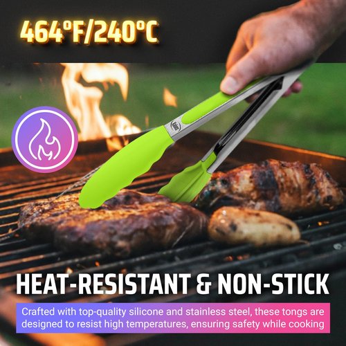 Kaluns Kitchen Tongs for Cooking Grilling Set of 4, BBQ Grill Tongs With Silicone Tip Stainless Steel Heat Resistant, Non-stick Pull Lock, Incl 7, 9, 12 Inch Tong Plus a Silicone Spatula