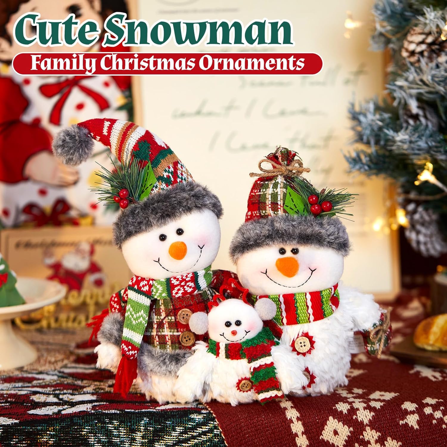 WEWILL 12'' Christmas Snowman Figurine - Cozy Family Decor for Holiday Tabletop & Tree