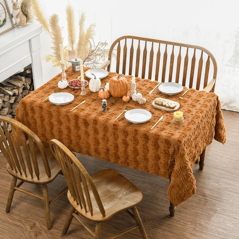 Horaldaily Fall Tablecloth 60x104 Inch Rectangular, Caramel Soft Plush Faux Fur Pumpkin Table Cover, Thanksgiving Autumn Harvest Dining Table Decoration for Home Party Dinner
