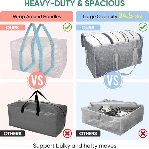 BALEINE Oversized Moving Bags - Heavy-Duty Storage Totes with Reinforced Handles | 8-Pack in Winter Grey