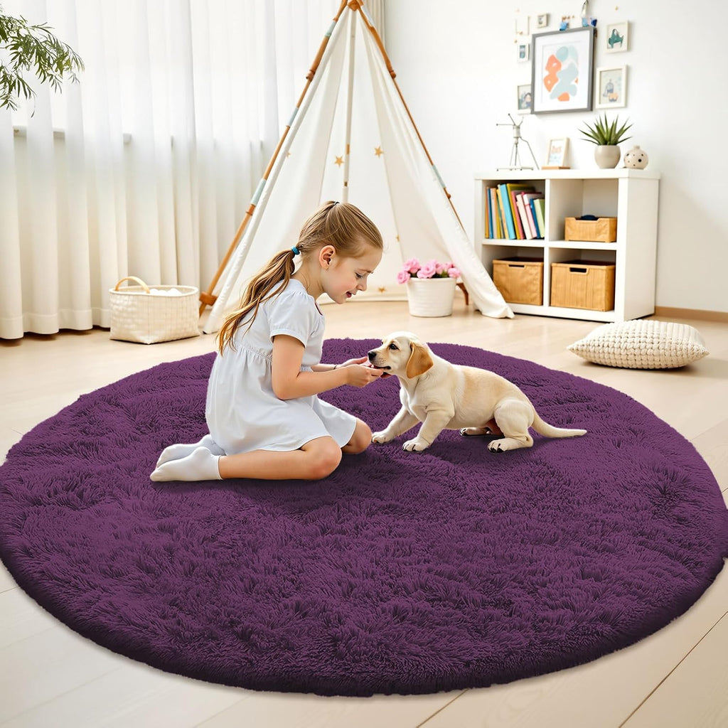 OLANLY Dark Purple Round Rug - Soft, Fluffy Shaggy Carpet | 8 ft Machine Washable Area Rug for Bedroom & Living Room Decor