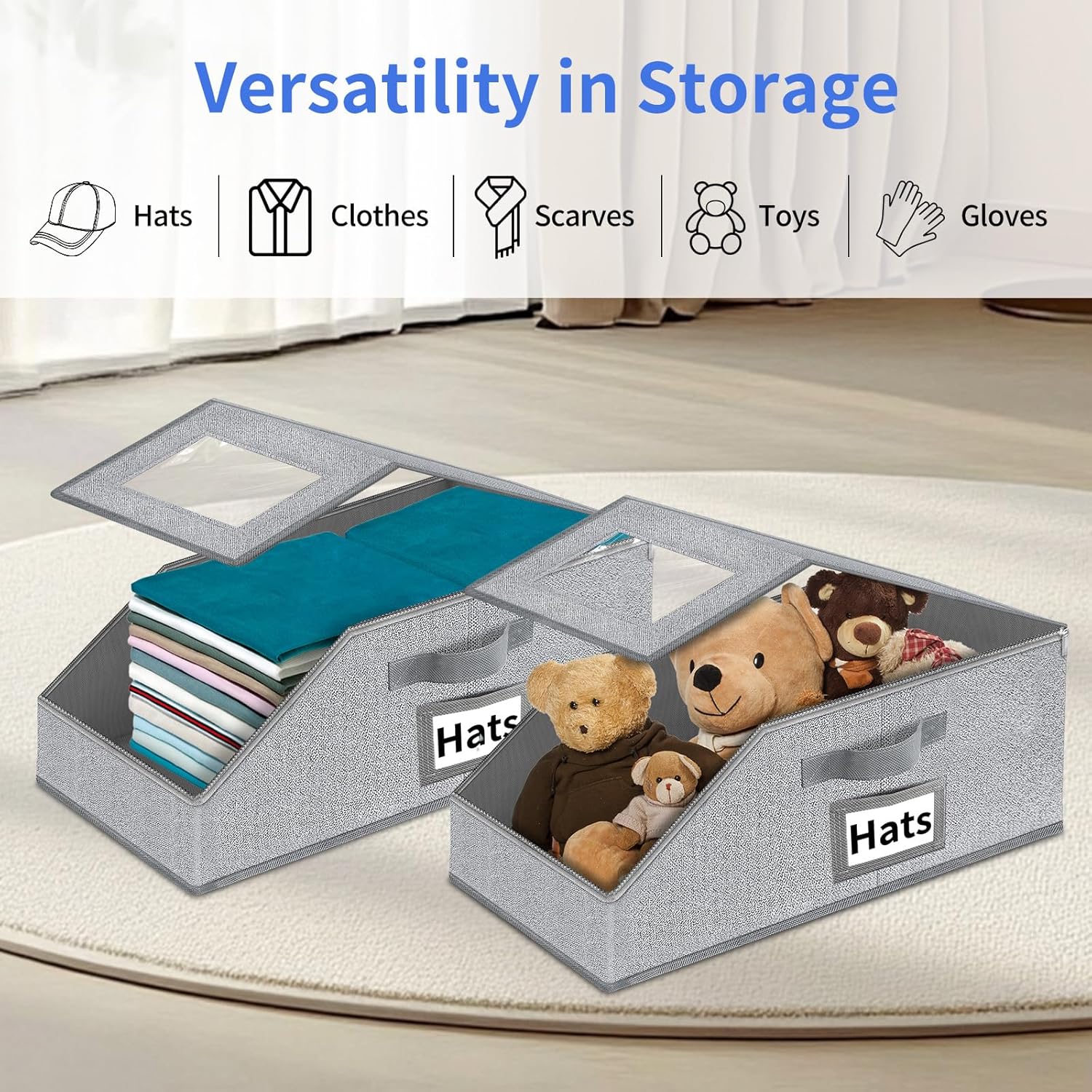 Aokeyee Hat Organizer - 2PCS Stackable Storage with Clear Window Lid & Flip-Top Access | Grey