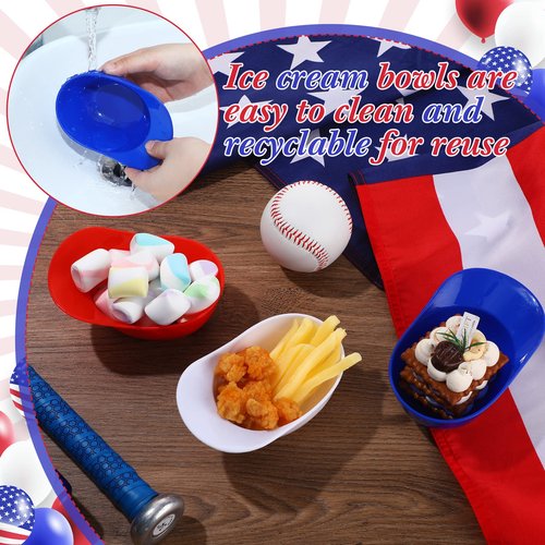 Roshtia 144 Pcs Baseball Helmet Ice Cream Bowl Bulk, 8 oz Mini Baseball Cap Dessert Bowls Plastic Small Sundae Disposable Snack Helmets Cups for Birthday Party Favor Supplies, Red, Dark Blue, White