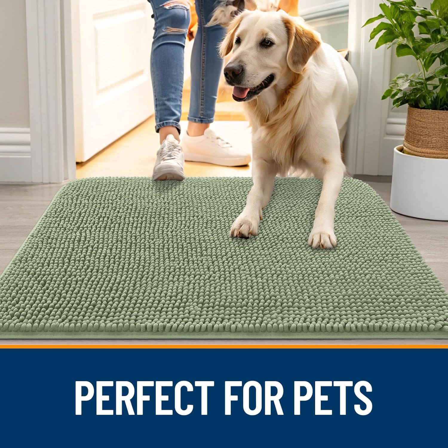 OLANLY Dog Door Mat - Absorbent Non-Slip Chenille Mud Mat for Indoor Use | 47x20, Sage Green