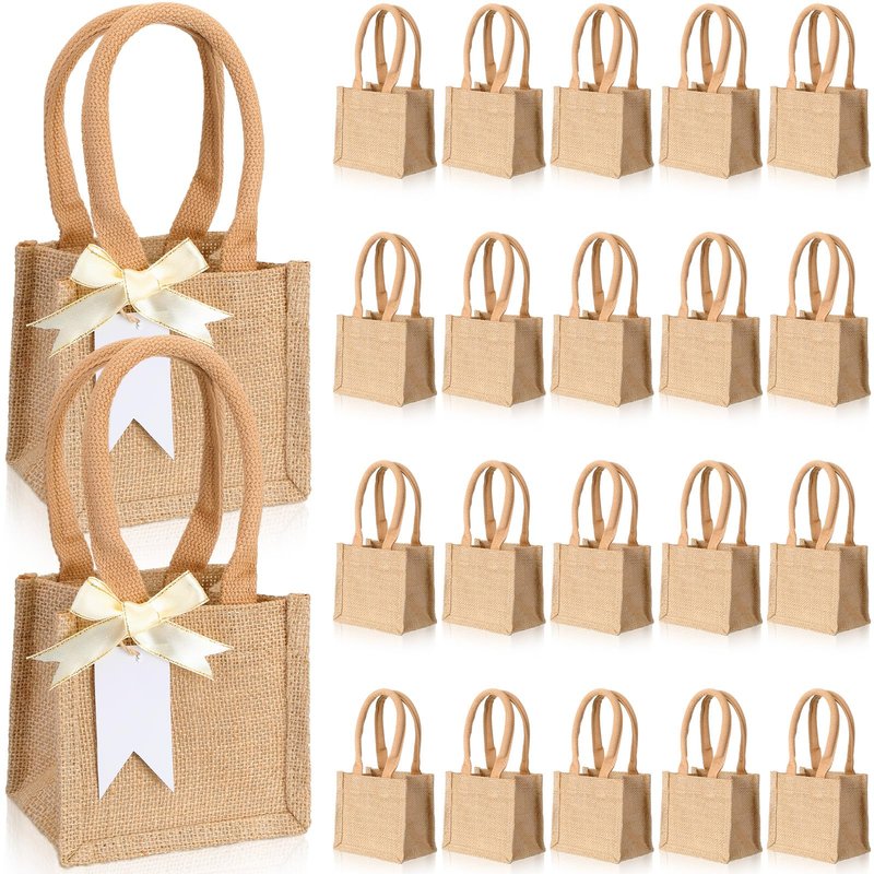 Silkfly 20 Pcs Mini Burlap Jute Tote Bags with Handle Small Blank Reusable Market Grocery Bags Bridesmaids Wedding Gift(Classic,5 x 5 x 3.94 Inches)