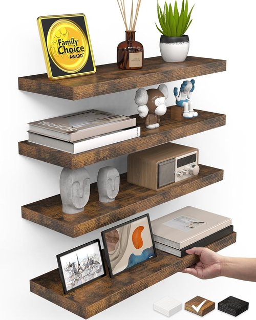 BAYKA Floating Wall Shelves - Rustic Wood Design for Home Decor | 15.7in, Set of 4, 22lbs Capacity