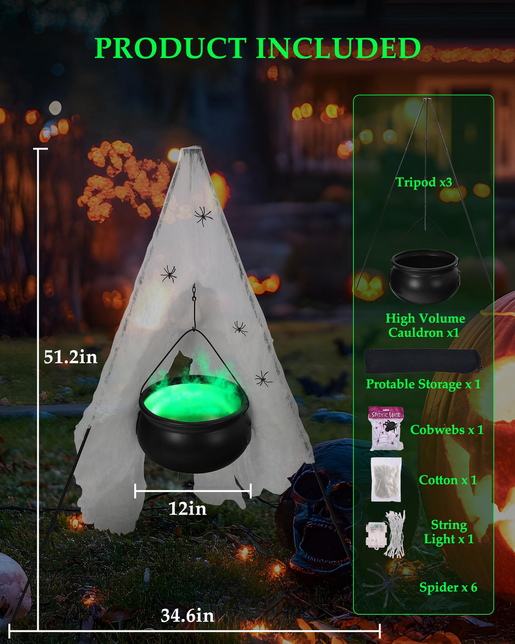 Halloween Decorations Outdoor, DIY Witches Cauldron Black Plastic Bowl Indoor, Halloween Witch Cauldron on Tripod with Lights, Cotton, Spider Web- Candy Bucket Porch Yard Decor