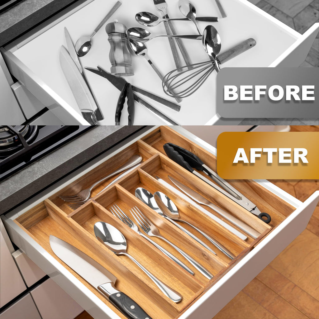 Besilord Large Expandable Utensil Organizer Silverware Organizer for Kitchen Adjustable Utensils Holder Bamboo Flatware Silverware Cutlery in Drawer (9 slot, Natural)