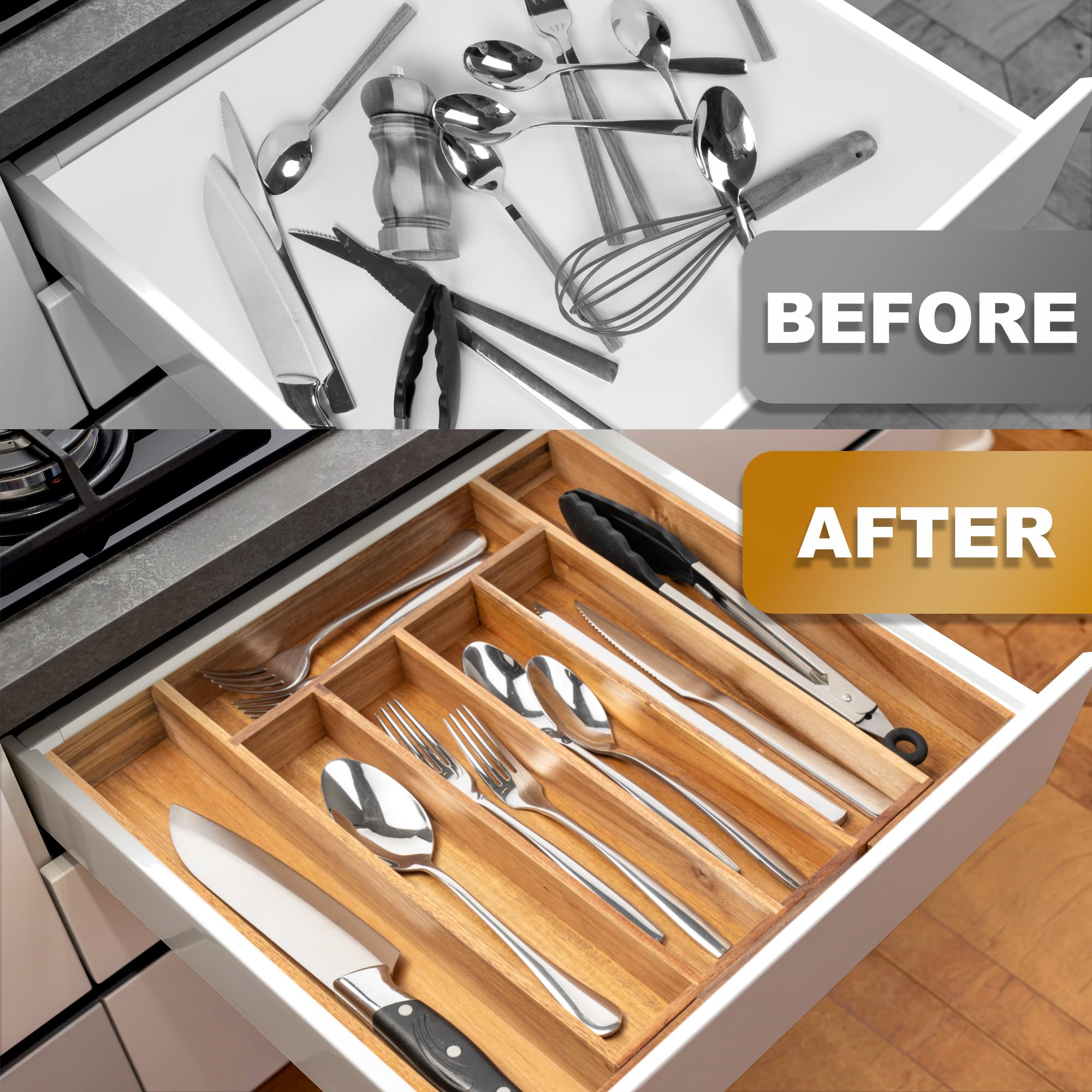 Besilord Large Expandable Utensil Organizer Silverware Organizer for Kitchen Adjustable Utensils Holder Bamboo Flatware Silverware Cutlery in Drawer (9 slot, Natural)