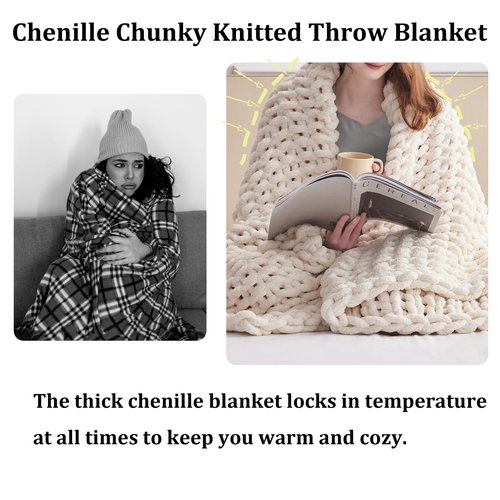 Chenille Chunky Knit Throw Blanket 60"×80" 100% Hand Knitted with Thick Jumbo Chenille Yarn for Bed Couch Soft Cozy and Machine Washable Cute Comfy Blanket for Home Decor ((Light Pink, 60"×80")
