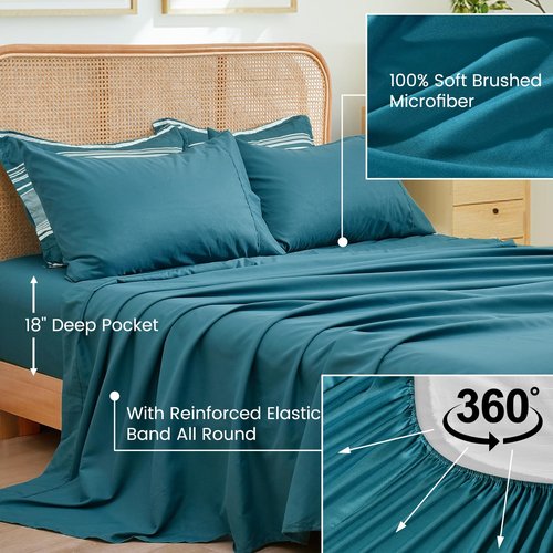 PHF 7 Pieces Queen Comforter Set, Striped Bed in A Bag, Teal Green Stripe Bedding & 18" Deep Pocket All Season, Ultra Soft Bedding Sets with Comforter, Sheets, Pillowcases & Shams