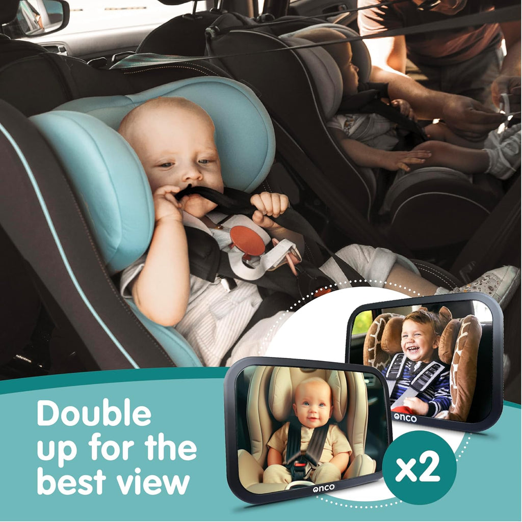 Onco Baby Car Mirror - 100% Shatterproof & Shakeproof Rear Facing 360° Rotating Convex Mirror (2 Pack)