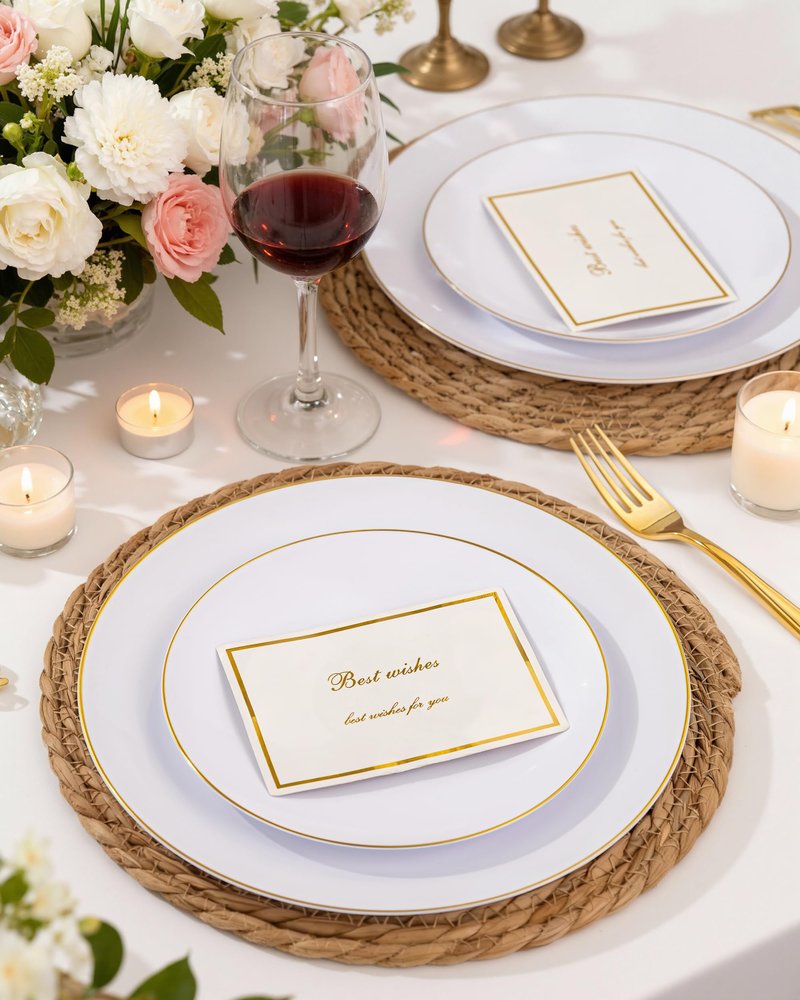 Nervure 100 Pieces Gold Plastic Plates - 10.25 inch Gold Dinner Plates - Heavyweight White and Gold Disposable Plates Ideal for Wedding & Party & Mother's Day