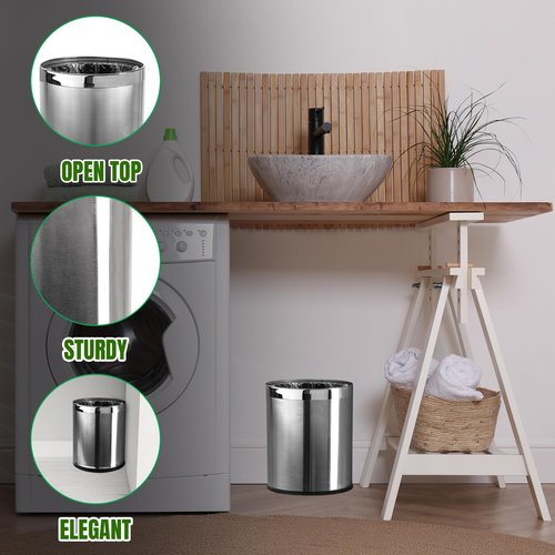 Brelso Small Office Trash Can, Open Top Small Wastebasket Bin, Stainless Steel Garbage Can, 'Invisi-Overlap' Metal Decorative Waste Basket for Powder Room, Vanity, Bathroom, Home, Modern