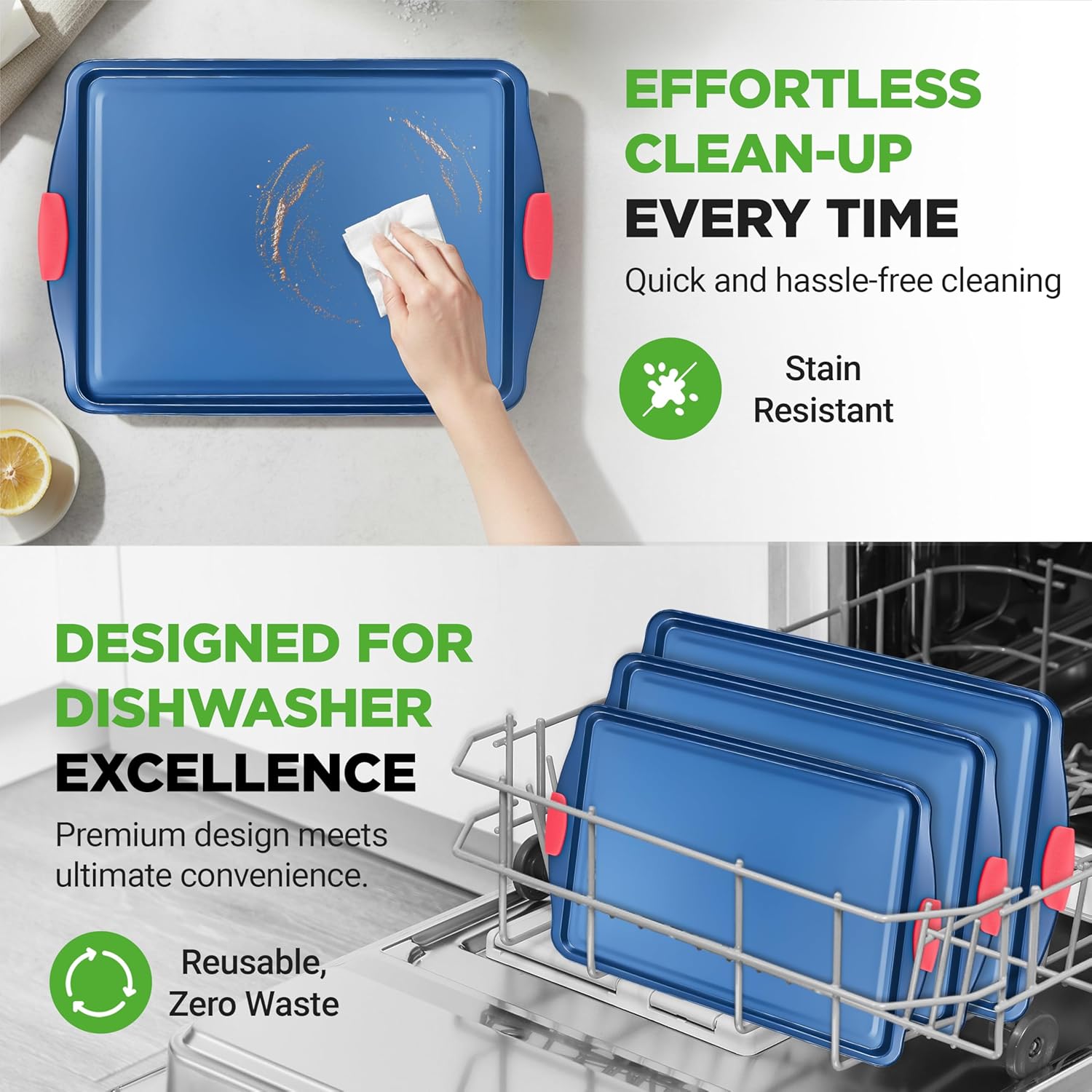 NutriChef Nonstick Baking Pans Set - Durable Carbon Steel Bakeware with Red Silicone Handles | Easy Cleanup (Blue)
