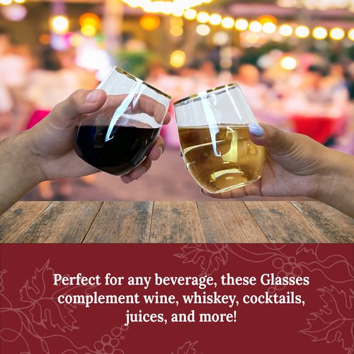 Reli. 12oz. Disposable Wine Glasses Gold-Rim (20 Pack) Stemless Crystal Clear | Reusable & Recyclable BPA-Free Food-Grade Plastic | Shatterproof Party Cups for Juices, Cocktails, Whiskey Any Occasion