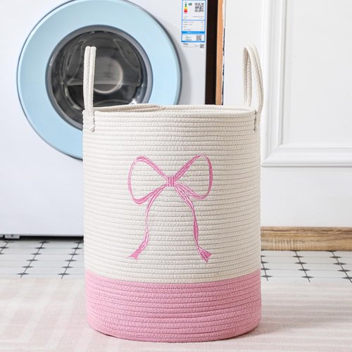 Honeydak Pink Laundry Basket - Coquette Cotton Rope Hamper for Girls' Room | 15 x 17.7 Inches Storage Solution