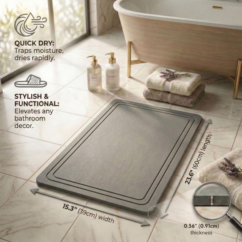 Pebble Nest Stone Bath Mat – Diatomaceous Earth Quick Drying Non-Slip Bathroom Mat – Super Absorbent Diatomite Shower Mat, Durable & Easy to Clean, Modern, 23.6" x 15.3", (Slate Grey - Linea)