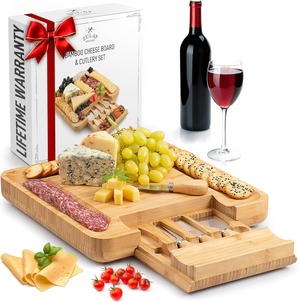 Zulay Kitchen Premium Bamboo Cheese Board Set - Extra Thick Charcuterie Board with 4 Knives | Perfect for Wine & Cheese Lovers