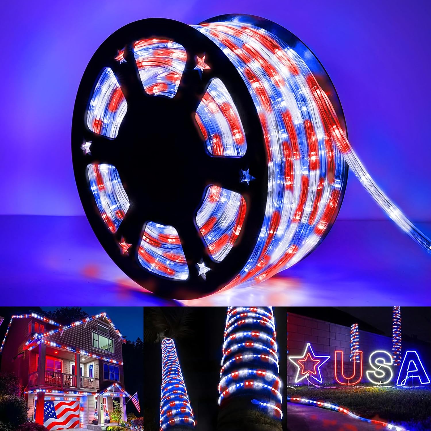 Skiennix 50ft LED Rope Lights - Waterproof, Connectable & Flexible Tube Lights | 8 Modes for Indoor/Outdoor Decor (Red, White & Blue)