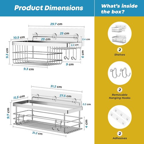 KESOL Shower Caddy - Rustproof SUS304 Stainless Steel Wall-Mounted Organizer | 2 Pack, Silver Finish