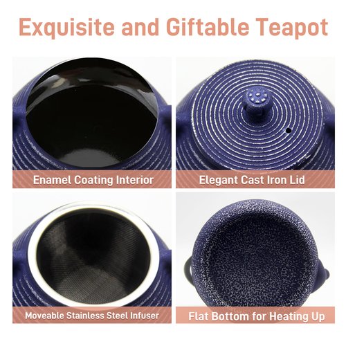 SECHUDO Cast Iron Teapot, 20.3oz Small, Enameled Interior, Stainless Steel Infuser for Loose Tea (Blue Pinstripe Pattern)