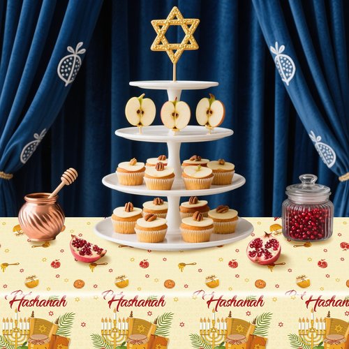 Ertyjikg 3 Pcs Rosh Hashanah Tablecloth Party Decorations Plastic Shana Tova Tablecover Backdrop Background Banner for Jewish New Year Party Decoration Supplies 51x87Inch