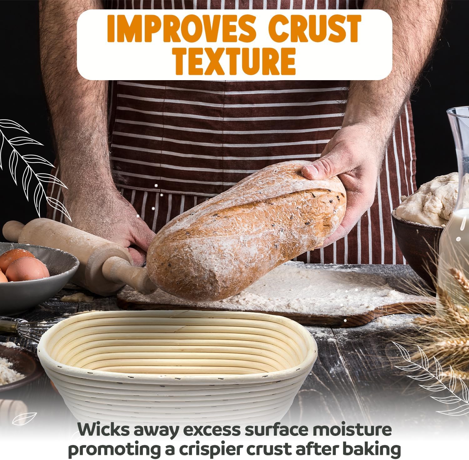 Vollum Banneton Sourdough Proofing Basket - Handwoven Rattan Cane for Artisan Breads | 8.5 x 3 In, 1-Pound Round