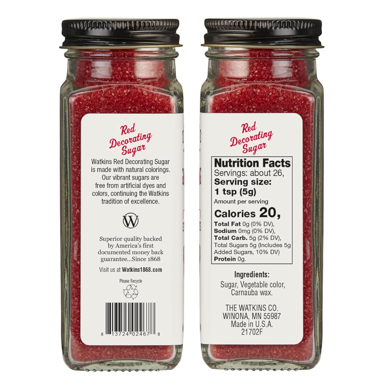 Watkins Red Decorating Sugar - Non-GMO, Kosher, No Artificial Dyes | 4.7 Ounce Jar