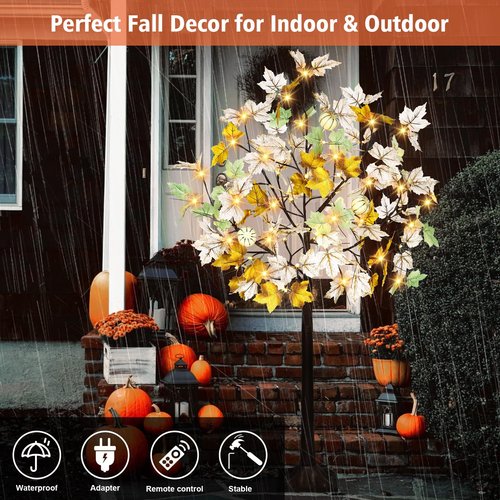 2 Pack Thanksgiving Artificial Lighted Maple Tree, 4 Ft Prelit Fall Decor Maple Tree with 56 LED 3 Foam Pumpkins Plug in Indoor Outdoor Autumn Fall Thanksgiving Decorations