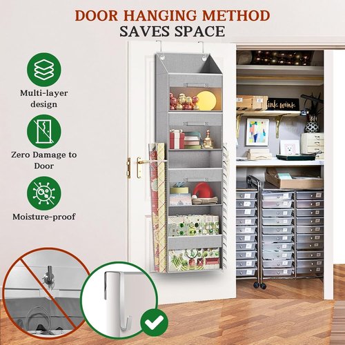 Light Grey Over Door Wrapping Paper Organizer by [Brand Name] - 3 Removable Drawers & Side Pockets for Ribbons, Bows, and More