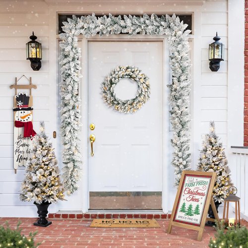 Glitzhome 9ft Christmas Garland for Mantle, Pre-Lit Snow Flocked Christmas Garland with Warm White LED Lights and Timer for Fireplace, Dining Table, Stairs Christmas Decoration