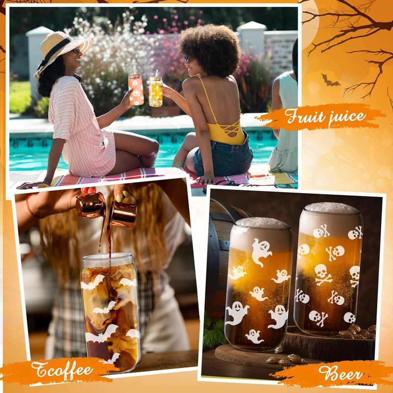 Umigy 4 Set 16oz Halloween Glass Cups Funny Ghost Witch Iced Coffee Can Cup Tumblers Pumpkin Fall Decorations Drinking Glasses with Lids Straws Brushes Halloween Birthday Gift for Women Men(Classic)