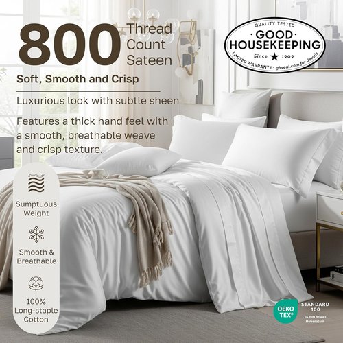 Heirloom 800 Thread Count 100% Cotton Sateen Pillow Cases - Soft & Thick | 2 King Size, Bright White