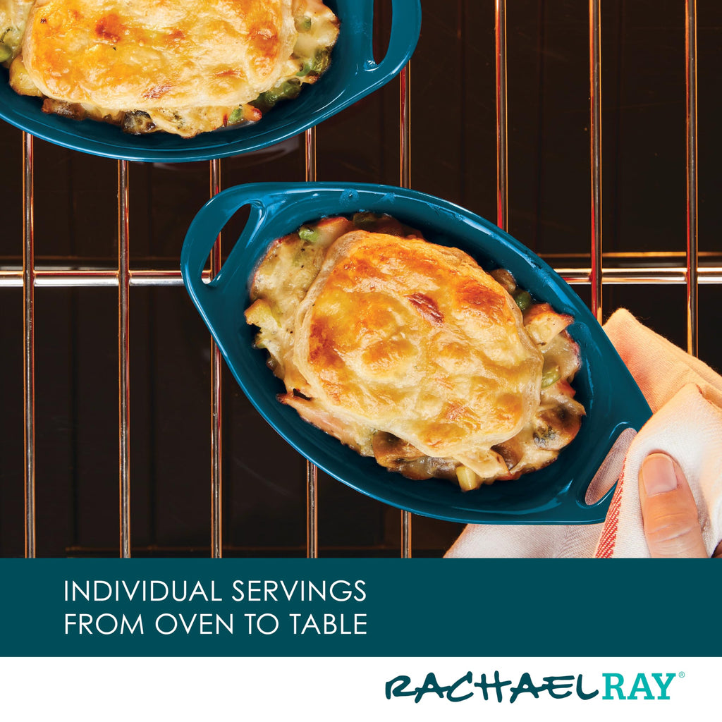 Rachael Ray Solid Glaze Ceramics Au Gratin Bakeware / Baker Set, Oval - 2 Piece, Teal