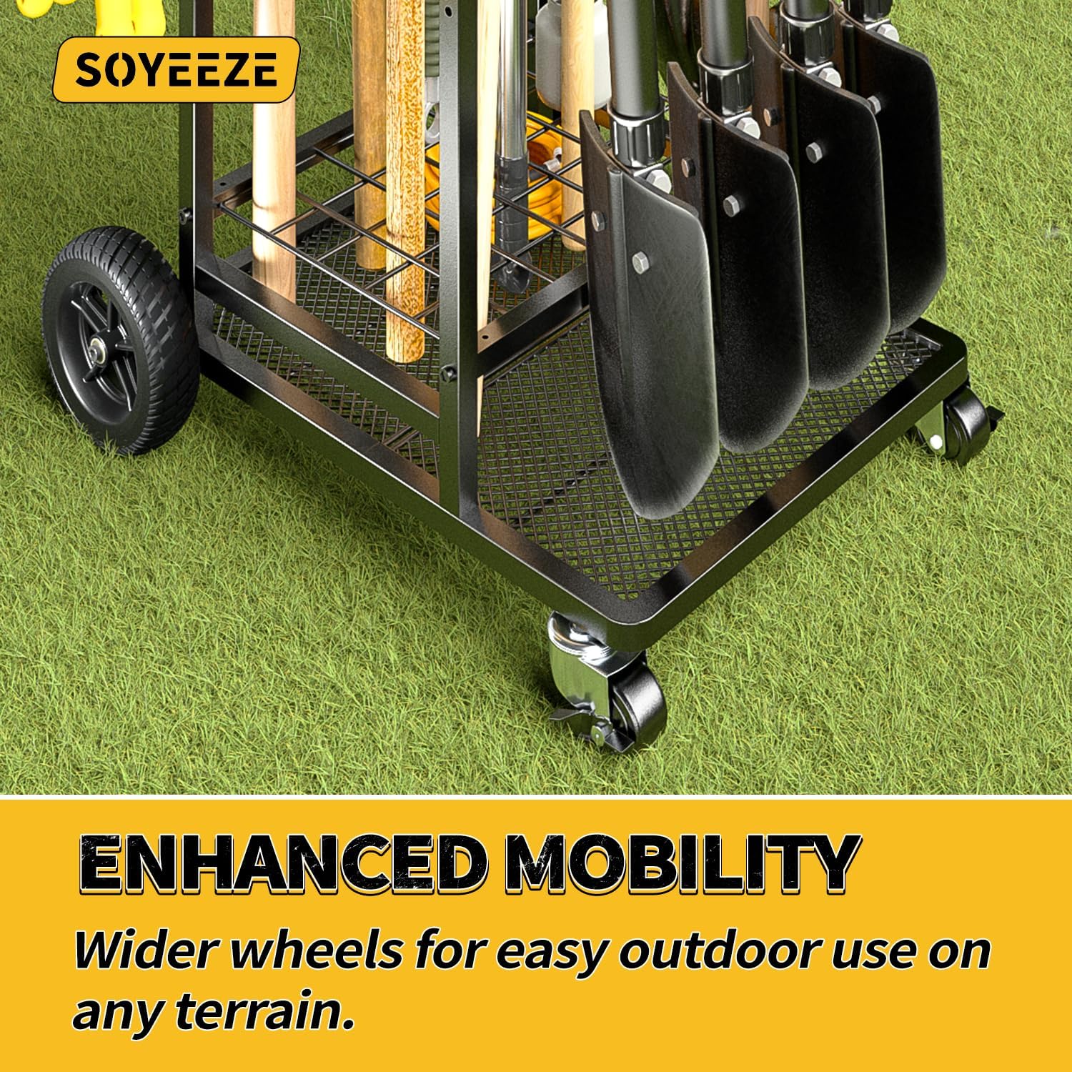 SOYEEZE Garden Tool Organizer - Heavy Duty 3-Tier Yard Tower Rack with Large Wheels | Holds 35 Tools